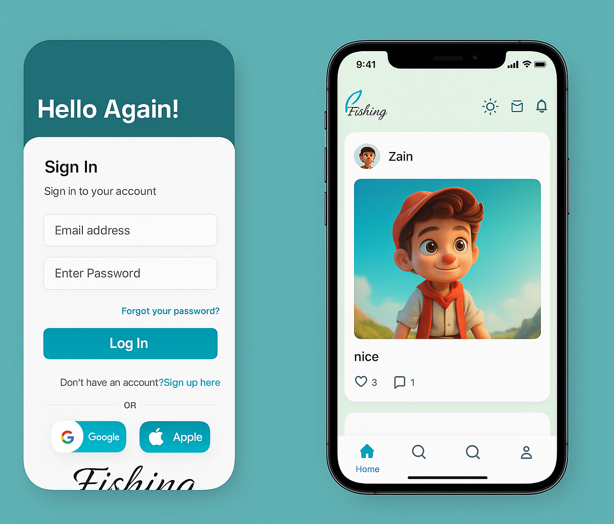 ifishing app interface showing login and feed screens